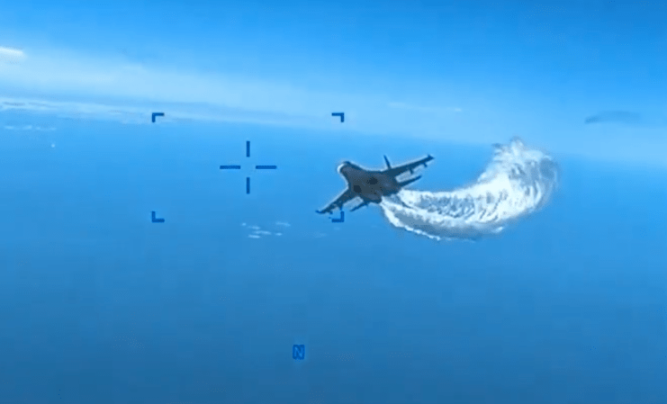 Screenshot from video of the Drone being hit by a Russian warplane