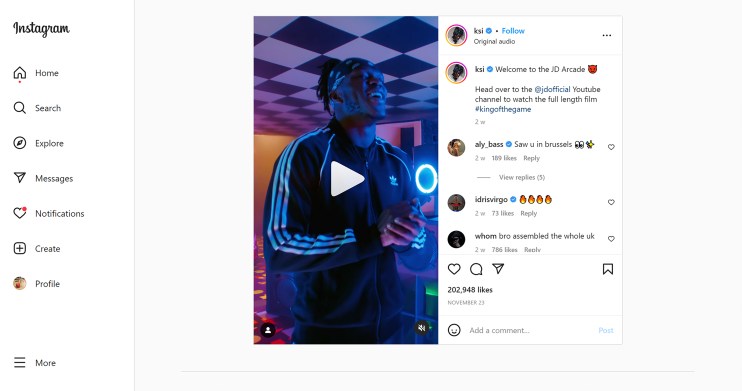 An Instagram post by YouTuber KSI promoting JD Sports, which has been banned after he failed to clearly mark it as an ad. The ASA ruled that the ad must not appear again. Issue date: Wednesday May 17, 2023. PA Photo. See PA story CONSUMER KSI. Photo credit should read: ASA/PA Wire