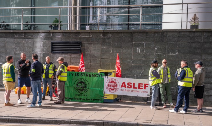Members of the Aslef union on a picket line near to Leeds train station, as Aslef union members walk out in the long-running dispute over pay and conditions. Photo credit should read: Danny Lawson/PA Wire