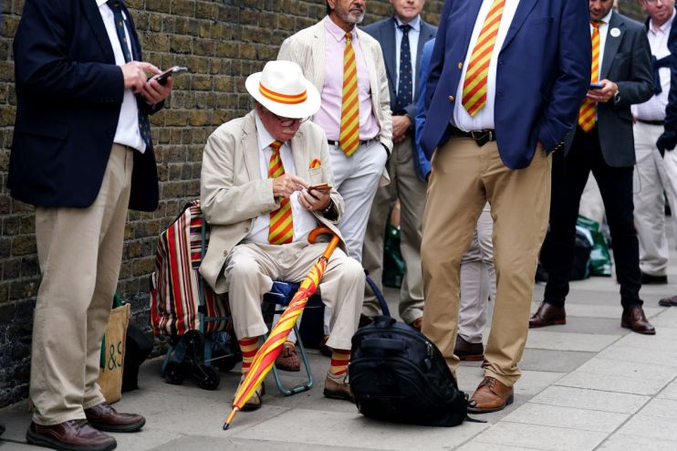 MCC members queue ahead of during day one of the second Ashes test match at Lord's, London. Picture date: Wednesday June 28, 2023. PA Photo. See PA Story CRICKET England. Photo credit should read: Mike Egerton/PA Wire. RESTRICTIONS: Editorial use only. No commercial use without prior written consent of the ECB. Still image use only. No moving images to emulate broadcast. No removing or obscuring of sponsor logos.