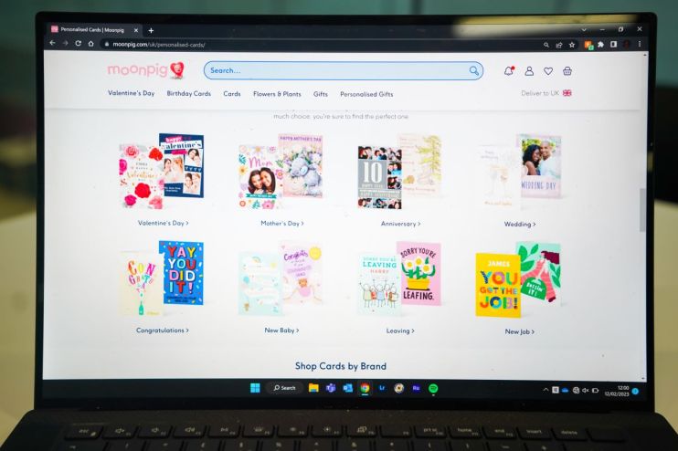 File photo dated 12/02/23 of a general view of the Moonpig website on a laptop computer, as the online greetings cards and gifts business has reported an increase in revenues as it upped the price of its greetings cards, but said consumers were opting to send fewer cards and cheaper gifts. PA Photo. Issue date: Thursday June 29, 2023. Moonpig said its group revenue jumped by 5.2% in the year to the end of April, compared to the previous year. See PA story CITY Moonpig. Photo credit should read: James Manning/PA Wire