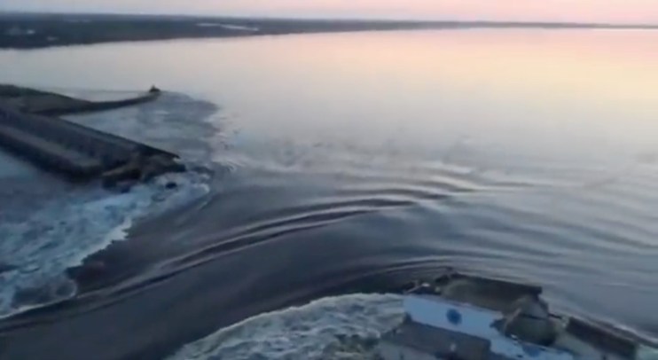 Screenshot from a video of the dam's destruction from President Zelensky