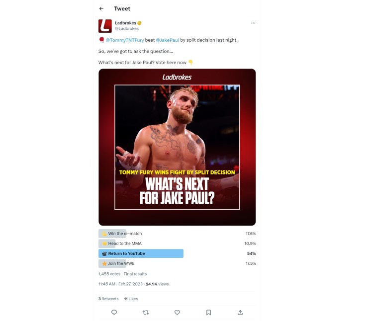 screen grab issued by Advertising Standards Authority (ASA) of a tweet by Ladbrokes which has been banned for featuring Jake Paul, a YouTuber and professional boxer who is a favourite among teenagers. The ASA said "we considered that the ad was irresponsible and breached the Code." Photo credit: ASA/PA Wire