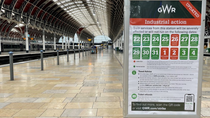 Empty platforms at Paddington train station in London, during a strike by members of the Aslef union. Photo credit: Jonathan Brady/PA Wire