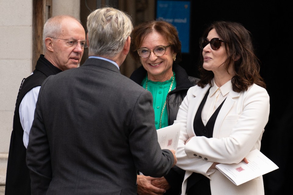 (left to right) Archbishop of Canterbury Justin Welby, Dominic Lawson, Rosa Monckton and Nigella Lawson leave St Margaret's Church in central London after attending a Service of Thanksgiving for the life and work of former Chancellor of the Exchequer, Lord Lawson who died earlier this year. (Stefan Rousseau/PA Wire)