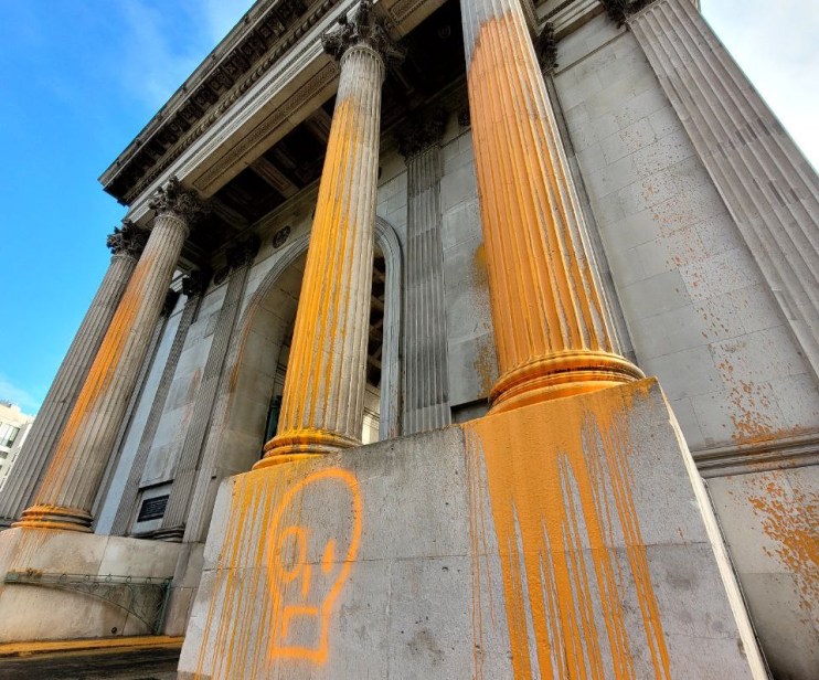 Wellington Arch in central London after Just Stop Oil protesters sprayed the building with orange paint in their latest stunt objecting to new fossil fuel licences