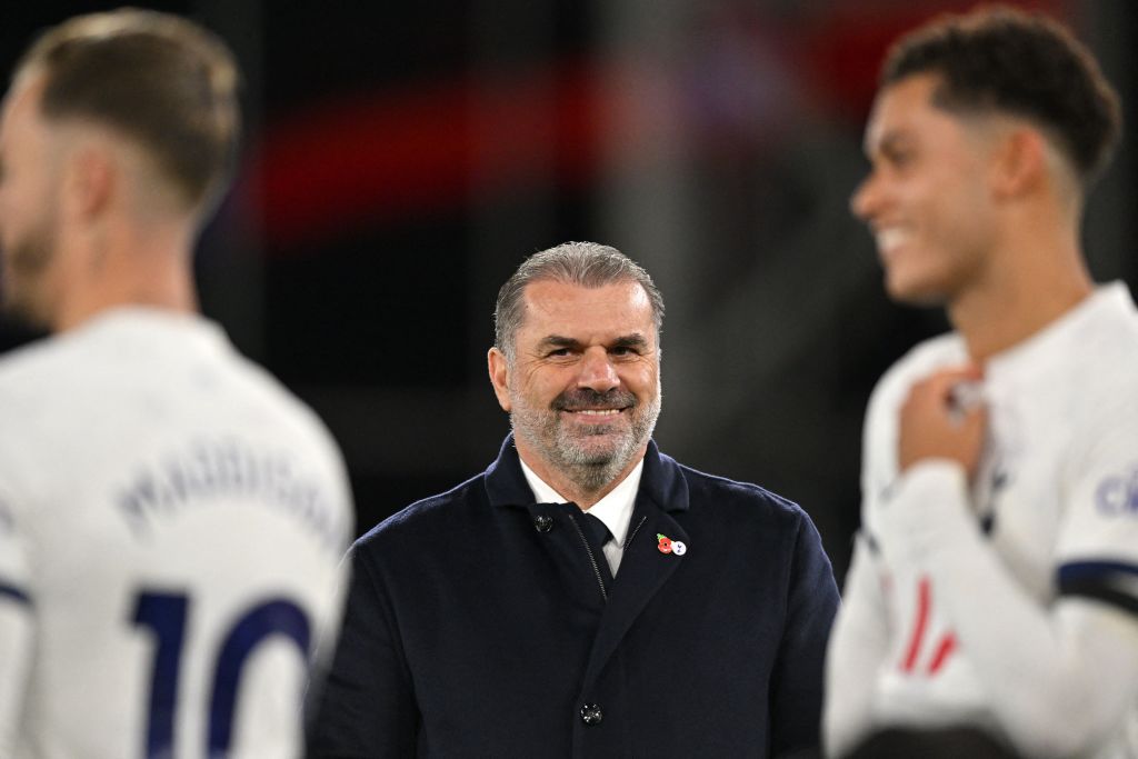 Tottenham Hotspur's Greek-Australian Head Coach Ange Postecoglou reacts following the English Premier League football match between Crystal Palace and Tottenham Hotspur at Selhurst Park in south London on October 27, 2023. Tottenham won the match 2-1. (Photo by Glyn KIRK / AFP) / RESTRICTED TO EDITORIAL USE. No use with unauthorized audio, video, data, fixture lists, club/league logos or 'live' services. Online in-match use limited to 120 images. An additional 40 images may be used in extra time. No video emulation. Social media in-match use limited to 120 images. An additional 40 images may be used in extra time. No use in betting publications, games or single club/league/player publications. /  (Photo by GLYN KIRK/AFP via Getty Images)