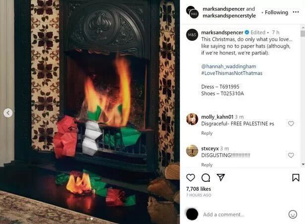 Marks and Spencer's Christmas outtake with hats on a fireplace, and comments in anger. The chain has since removed it and apologised.