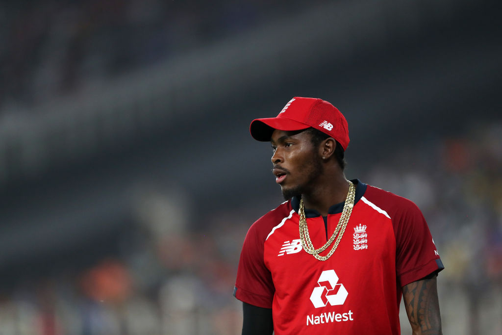 AHMEDABAD, INDIA - MARCH 14: Jofra Archer of England looks on during the 2nd T20 International match between India and England at Narendra Modi Stadium on March 14, 2021 in Ahmedabad, India. (Photo by Surjeet Yadav/Getty Images)