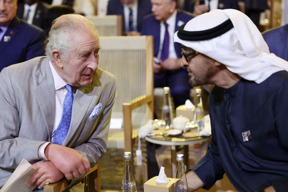 King Charles III and President of the United Arab Emirates Mohamed bin Zayed Al Nahyan at COP. (Photo by Chris Jackson/Getty Images)