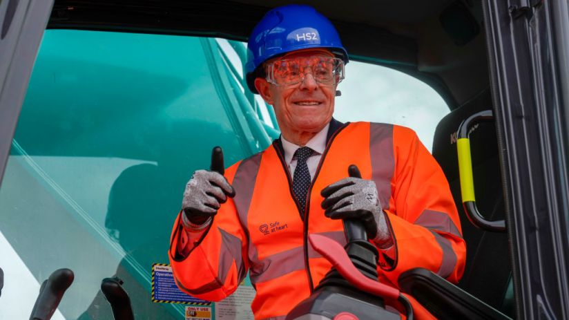 BIRMINGHAM, ENGLAND - JANUARY 24: West Midlands Mayor Andy Street poses for photographs during a visit to the construction site of Birmingham High Speed 2 rail station at Curzon Street on January 24, 2024 in Birmingham, England. (Photo by Christopher Furlong/Getty Images)