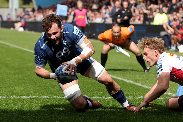 SALFORD, ENGLAND - APRIL 21: Sam Dugdale of Sale Sharks goes over for a tr during the Gallagher Premiership Rugby match between Sale Sharks and Harlequins at AJ Bell Stadium on April 21, 2024 in Salford, England. (Photo by Jan Kruger/Getty Images for Sale Sharks)