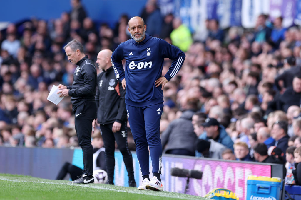 LIVERPOOL, ENGLAND - APRIL 21: Nuno Espirito Santo, Manager of Nottingham Forest, reacts during the Premier League match between Everton FC and Nottingham Forest at Goodison Park on April 21, 2024 in Liverpool, England. (Photo by Alex Livesey/Getty Images)
