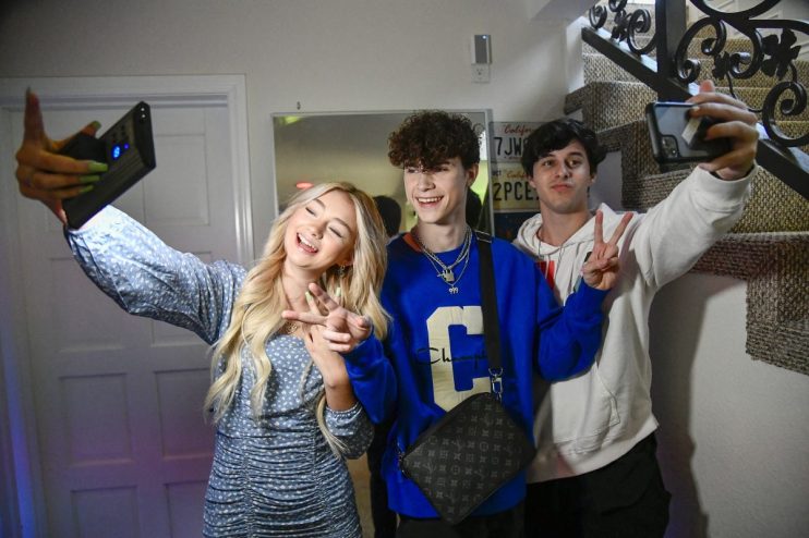 GLENDALE, CALIFORNIA - APRIL 03: Sicily Rose, Tyler Schrage and Chandler Padgett pose as PopWrapped Entertainment Group Hosts SaturYAY Influencer Event at The DreamLA Mansion on April 03, 2021 in Glendale, California. (Photo by Frazer Harrison/Getty Images)