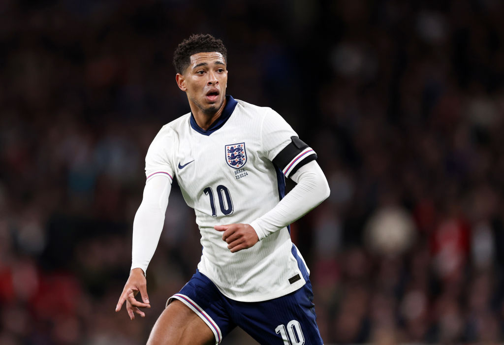LONDON, ENGLAND - MARCH 23: Jude Bellingham of England during the international friendly match between England and Brazil at Wembley Stadium on March 23, 2024 in London, England. (Photo by Catherine Ivill/Getty Images)