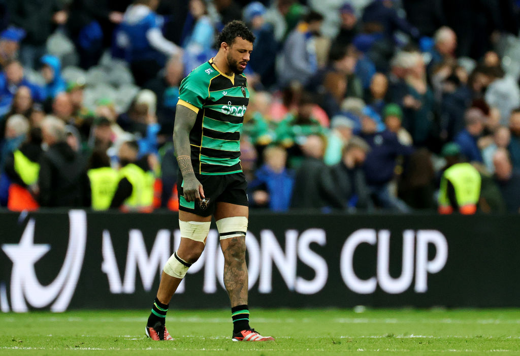 DUBLIN, IRELAND - MAY 04: Courtney Lawes of Northampton Saints looks dejected as he leaves the field after defeat to Leinster Rugby during the Investec Champions Cup Semi Final match between Leinster Rugby and Northampton Saints at Croke Park on May 04, 2024 in Dublin, Ireland. (Photo by David Rogers/Getty Images)