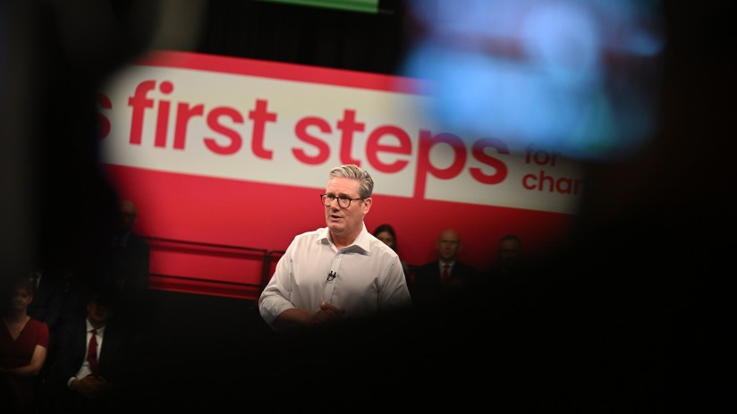 PURFLEET, UNITED KINGDOM - MAY 16: Labour leader Sir Keir Starmer speaks during an event to launch Labour's election pledges at The Backstage Centre on May 16, 2024 in Purfleet, United Kingdom. Labour Leader Keir Starmer pledges to deliver economic stability, cut NHS waiting times, launch a new Border Security Command, set up Great British Energy and recruit 6,500 new teachers if Labour win the next General Election. (Photo by Leon Neal/Getty Images)