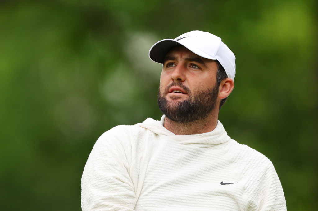LOUISVILLE, KENTUCKY - MAY 14: Scottie Scheffler of the United States looks on from the second hole during a practice round prior to the 2024 PGA Championship at Valhalla Golf Club on May 14, 2024 in Louisville, Kentucky. (Photo by Andrew Redington/Getty Images)