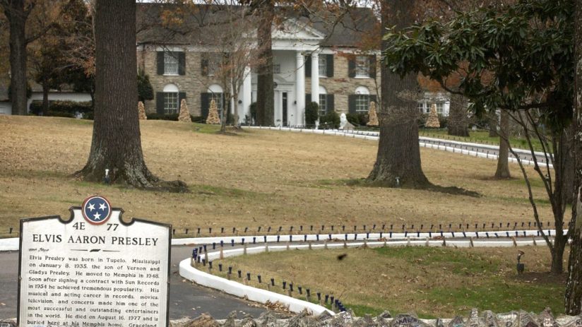 Elvis Presley's Graceland estate in Memphis, Tennessee, is set to go up for auction tomorrow. (Photo by Mike Brown/Getty Images)