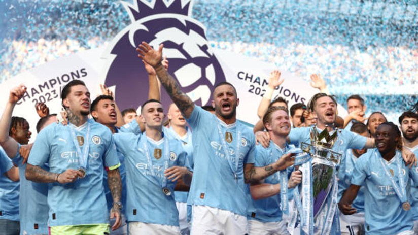Blue Moon rang around the Etihad yesterday evening after Manchester City won an unprecedented fourth consecutive Premier League title. (Photo by Naomi Baker/Getty Images)