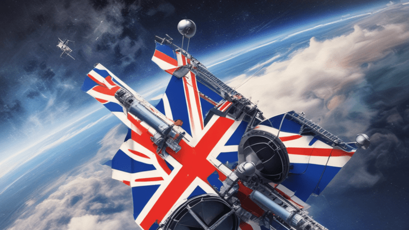 AI generated image of a satellite with British flags