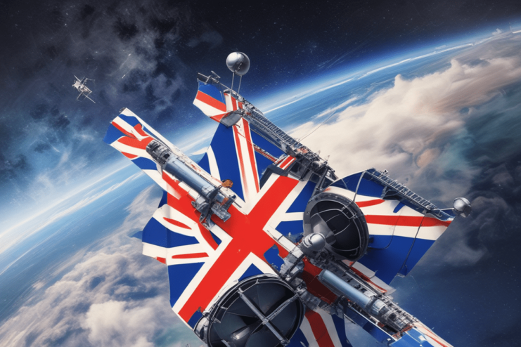 AI generated image of a satellite with British flags