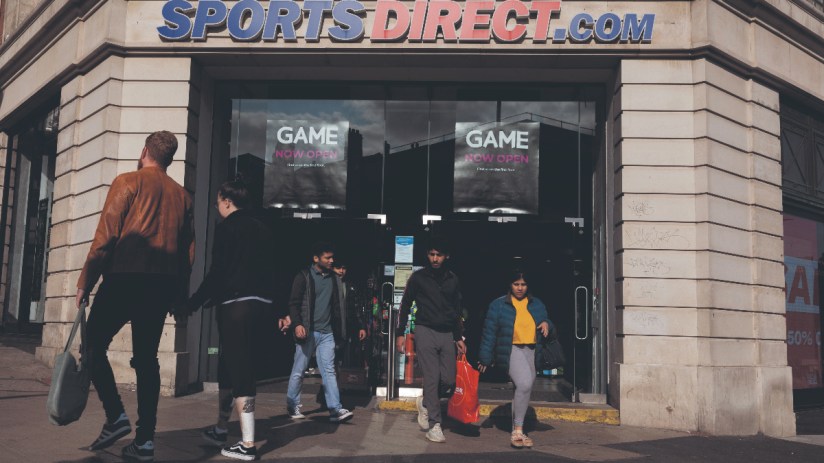 Groups of shoppers leave a branch of British high street sports goods and fashion retailer Sports Direct on 2nd September, 2021 in Leeds, United Kingdom. (photo by Daniel Harvey Gonzalez/In Pictures via Getty Images)