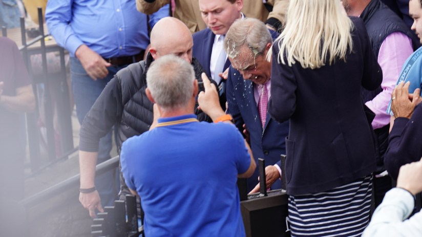 Nigel Farage has had a milkshake thrown over him at his campaign launch in Clacton-on-Sea. Photo: PA