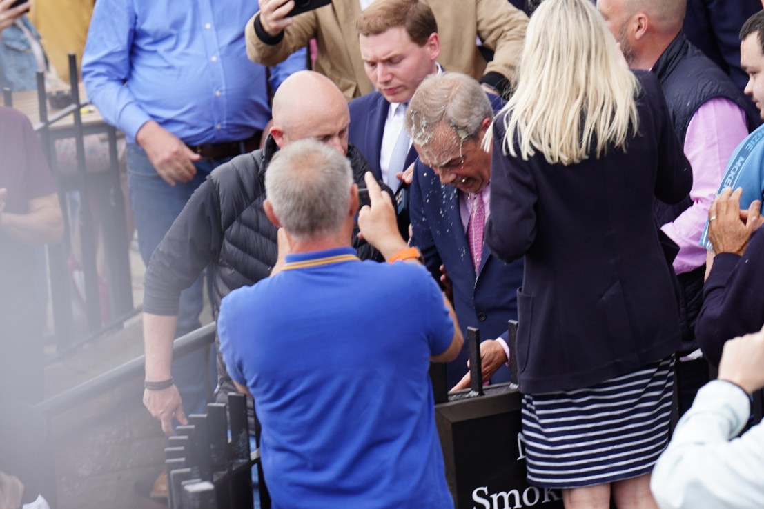 Nigel Farage has had a milkshake thrown over him at his campaign launch in Clacton-on-Sea. Photo: PA