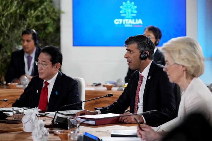 Japanese Prime Minister Fumio Kishida, Prime Minister Rishi Sunak and President of the European Commission Ursula von der Leyen attend a roundtable session entitled "Africa, climate change and development" during the G7 leaders' summit at the Borgo Egnazia resort, in Puglia, Apulia, Italy. (Christopher Furlong/PA Wire)
