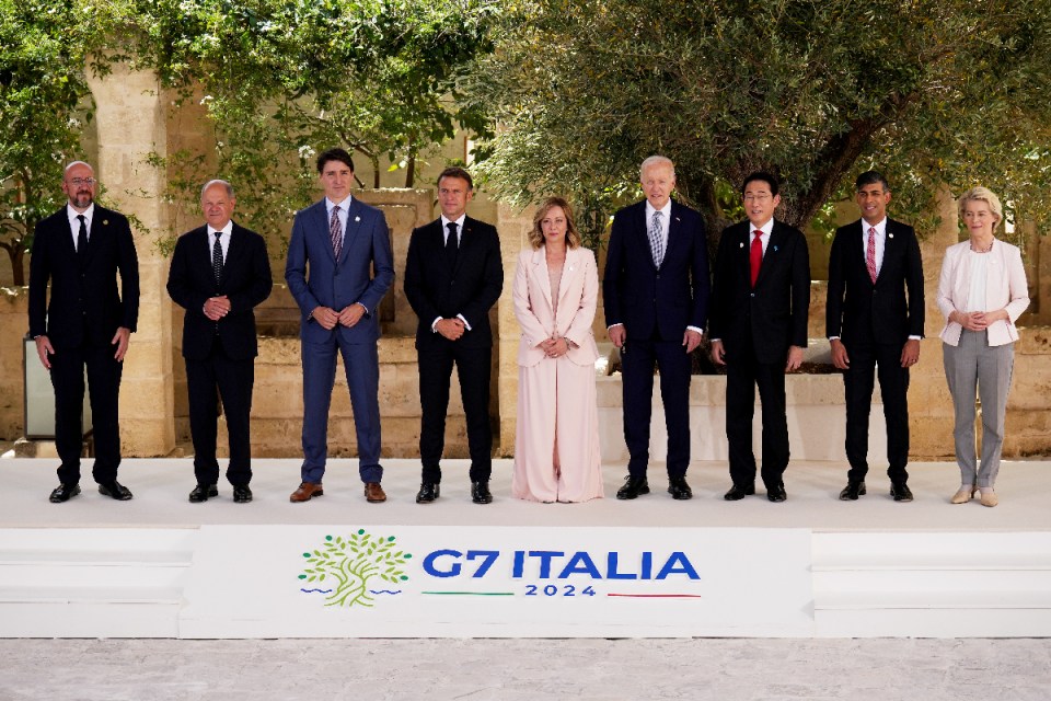 (left-right) President of the European Council Charles Michel, German Chancellor Olaf Scholz, Canadian Prime Minister Justin Trudeau, French President Emmanuel Macron, Italian Prime Minister Giorgia Meloni, US President Joe Biden, Japanese Prime Minister Fumio Kishida, Prime Minister Rishi Sunak and President of the European Commission Ursula von der Leyen pose for a family photo during a welcome ceremony at the G7 leaders' summit at the Borgo Egnazia resort, in Puglia, Apulia, Italy. Picture date: Thursday June 13, 2024. PA Photo. The event brings together the leaders of the seven member states, as well as the President of the European Council and the President of the European Commission representing the European Union. See PA story POLITICS G7. Photo credit should read: Christopher Furlong/PA Wire
