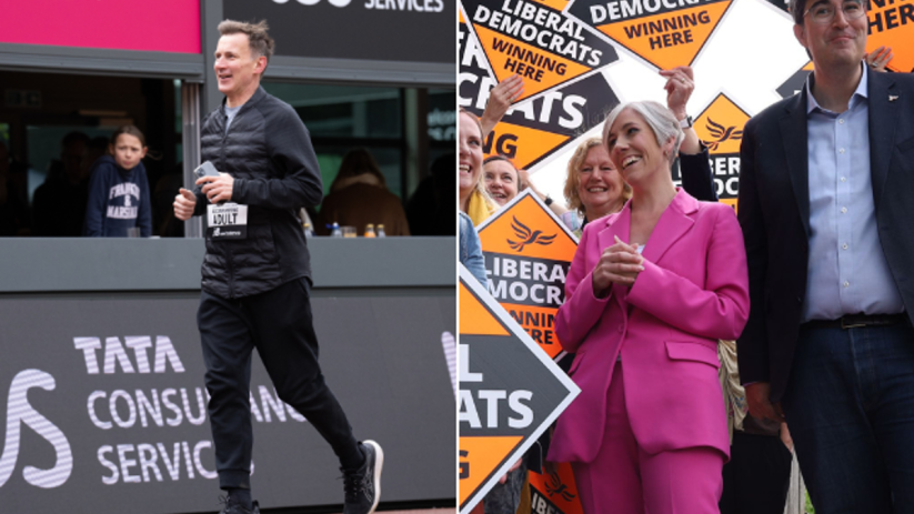From left, Jeremy Hunt, Daisy Cooper and Lib Dem candidate in Godalming and Ash, Paul Follows. Photo: PA