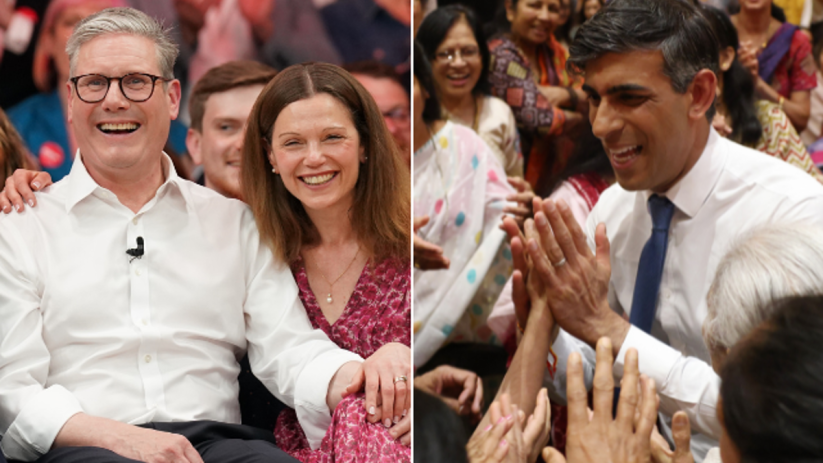 From left: Keir Starmer with his wife Victoria, and Rishi Sunak, with crowds at the BAPS Shri Swaminarayan Mandir. Photos: PA