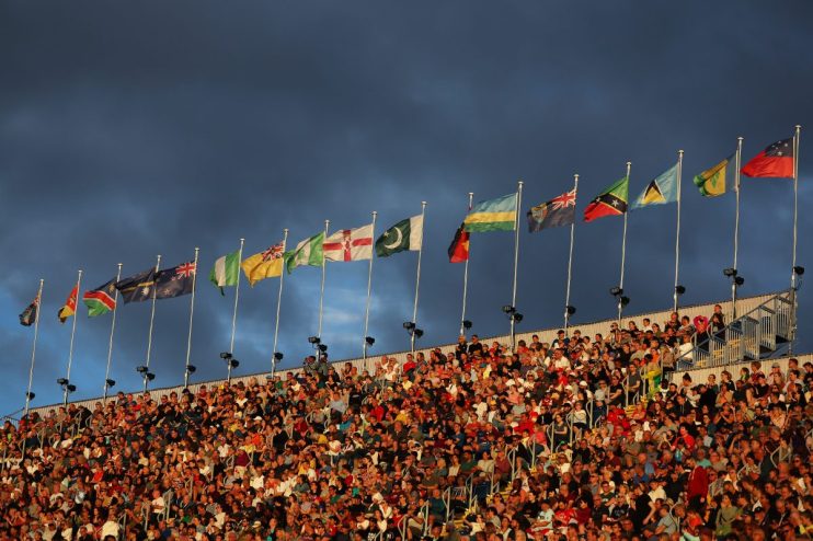 BIRMINGHAM, ENGLAND - AUGUST 02: Flags of Commonwealth countries are seen during the Athletics on day five of the Birmingham 2022 Commonwealth Games at Alexander Stadium on August 02, 2022 in the Birmingham, England. (Photo by Matthew Lewis/Getty Images)