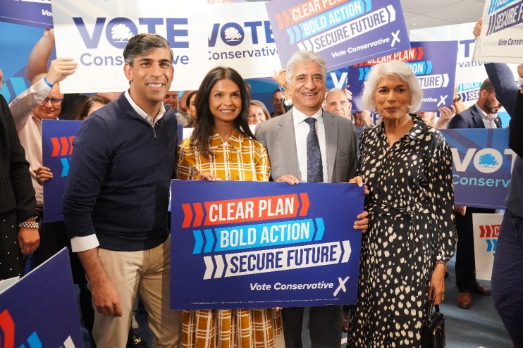 From left: Prime Minister Rishi Sunak, his wife Akshata Murty and his parents Usha and Yashvir Sunak. Photo: PA