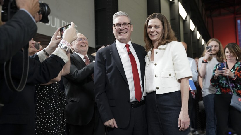 Labour leader Sir Keir Starmer and his wife Victoria are greeted by Neil Kinnock at the Tate Modern, central London, for a watch party for the results of the 2024 General Election in central London, as the party appears on course for a landslide win in the 2024 General Election. Credit PA