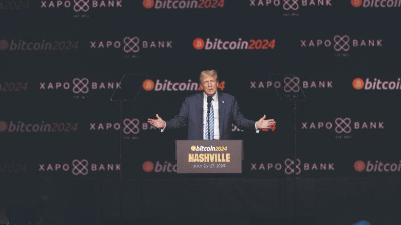Former US President Donald Trump speaks at the Bitcoin 2024 conference in Nashville, Tennessee, US, on Saturday, July 27, 2024. . Photographer: Brett Carlsen/Bloomberg via Getty Images