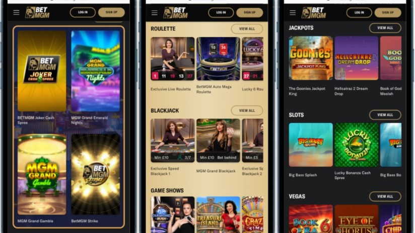 Three phones with Bet MGM online casinos on the screen