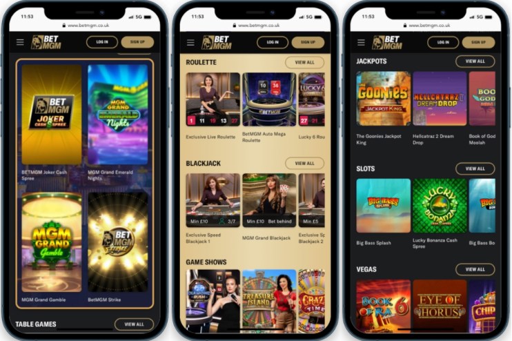 Three phones with Bet MGM online casinos on the screen