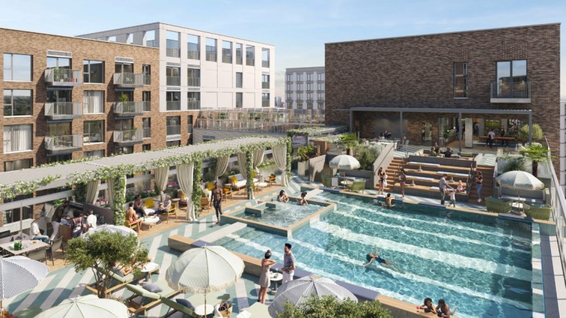 Render of the swimming pool on the roof of the Bloom build-to-rent in Nine Elms