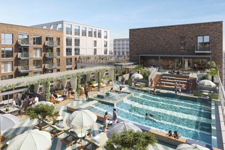 Render of the swimming pool on the roof of the Bloom build-to-rent in Nine Elms