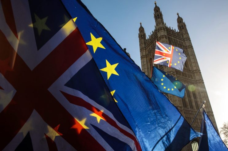 LONDON, ENGLAND - JANUARY 08: Anti-Brexit protesters demonstrate outside the Houses of Parliament in Westminster on January 08, 2019 in London, England. MPs in Parliament are to vote on Theresa May's Brexit deal next week after last month's vote was called off in the face of a major defeat. (Photo by Jack Taylor/Getty Images)