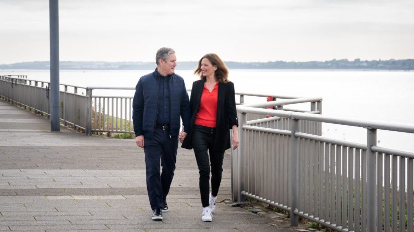 LIVERPOOL, ENGLAND - OCTOBER 9: Labour leader Sir Keir Starmer and his wife Victoria take a walk by the River Mersey in Liverpool during the Labour Party Conference on October 9, 2023 in Liverpool, England. Tomorrow he will deliver his keynote speech to delegates. (Photo by Stefan Rousseau-WPA Pool/Getty Images)
