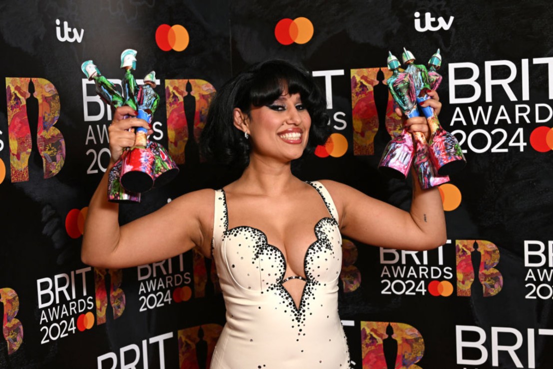 Raye poses with their Best New Artist, R&B Act, Song of the Year, Artist of the Year, Album of the Year and Songwriter of the Year award in the winners room at the BRIT Awards 2024 at The O2 Arena on March 2, 2024 in London, England. (Photo by Kate Green/Getty Images)