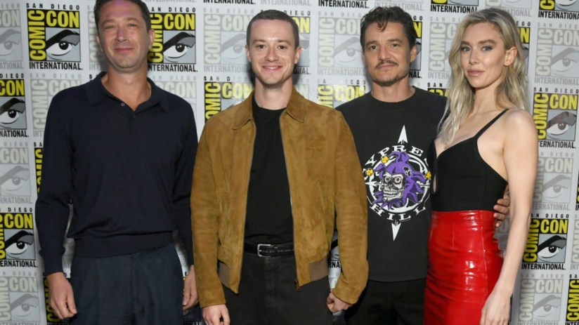 The Fantastic Four stars Ebon Moss-Bachrach, Joseph Quinn, Pedro Pascal and Vanessa Kirby attend the Marvel Studios Panel in Hall H at SDCC in San Diego, California on July 27, 2024. (Photo by Alberto E. Rodriguez/Getty Images for Disney)