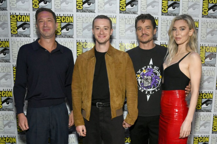 The Fantastic Four stars Ebon Moss-Bachrach, Joseph Quinn, Pedro Pascal and Vanessa Kirby attend the Marvel Studios Panel in Hall H at SDCC in San Diego, California on July 27, 2024. (Photo by Alberto E. Rodriguez/Getty Images for Disney)