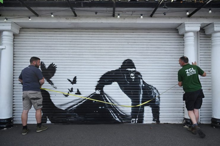 Banksy's ninth animal-themed artwork in nine days appeared on a wall at London Zoo on Tuesday. (Photo by Leon Neal/Getty Images)