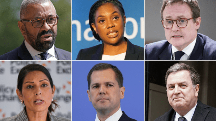 Clockwise from top left: James Cleverly, Kemi Badenoch, Tom Tugendhat, Mel Stride, Robert Jenrick, Priti Patel. Photos: PA