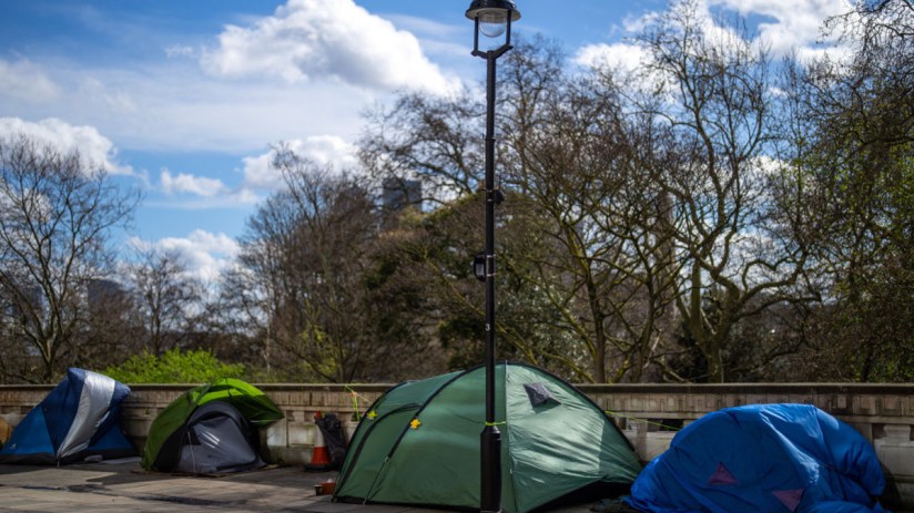 LONDON, ENGLAND - MARCH 27: Homeless tents are pictured on March 27, 2024 in London, United Kingdom. (Photo by Carl Court/Getty Images)