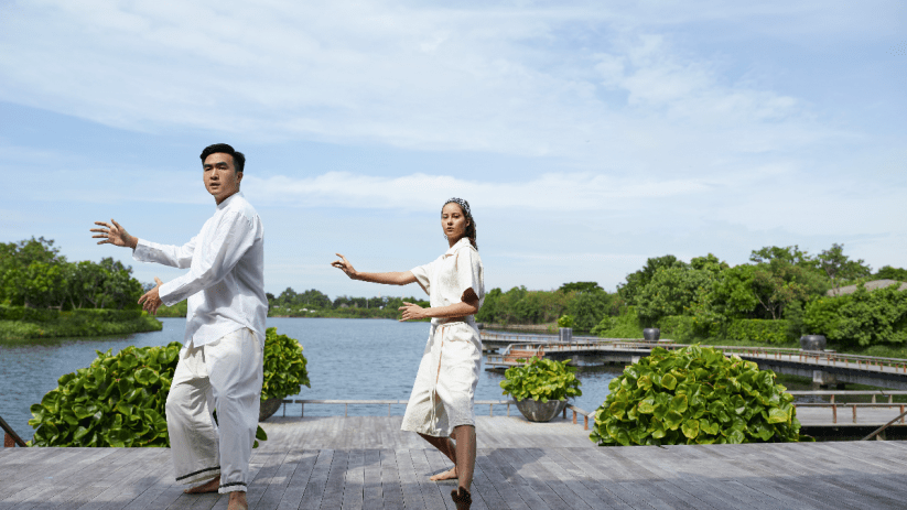 Tai chi at Rakxa wellness retreat in Thailand, where Adam stayed for their Rebalance programme